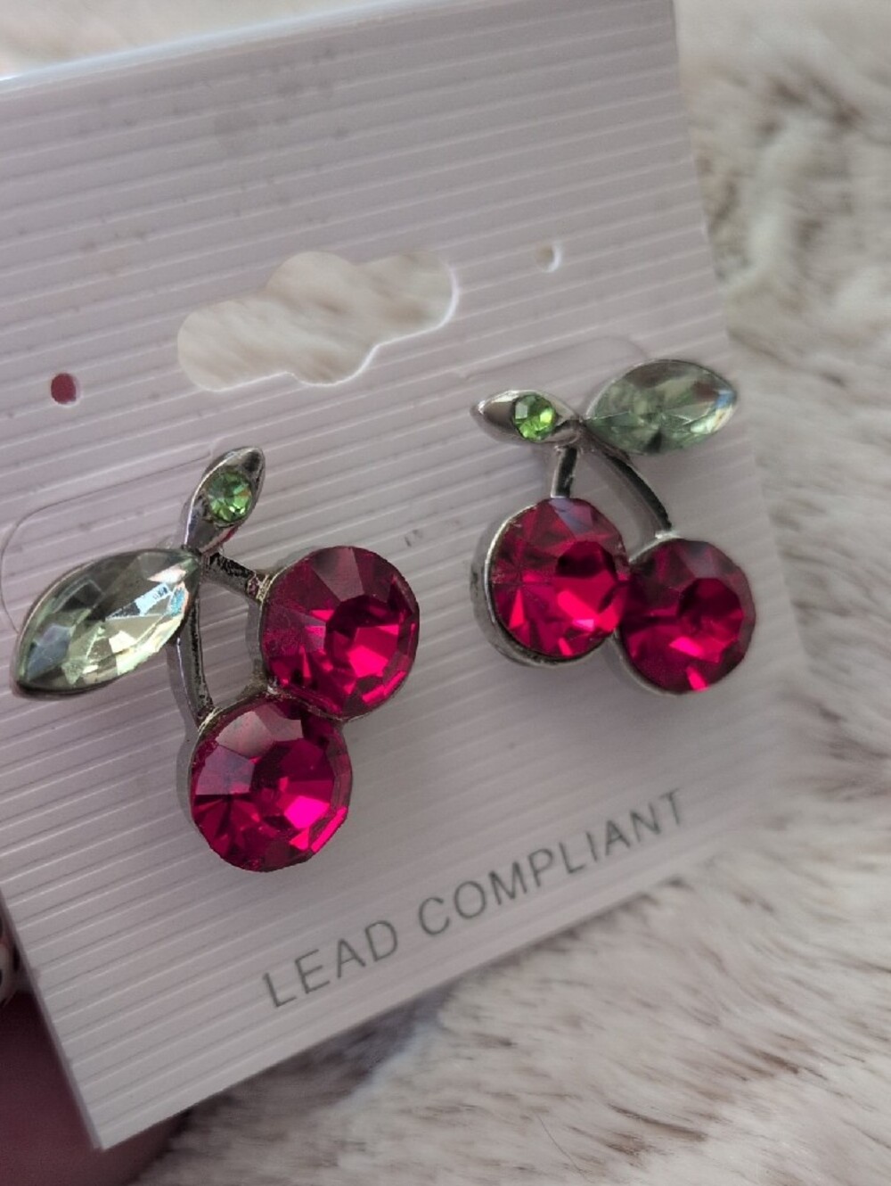 Cherry Crystal Stud Earrings - Green Leaves & Red Cherries - Picture 3 of 3